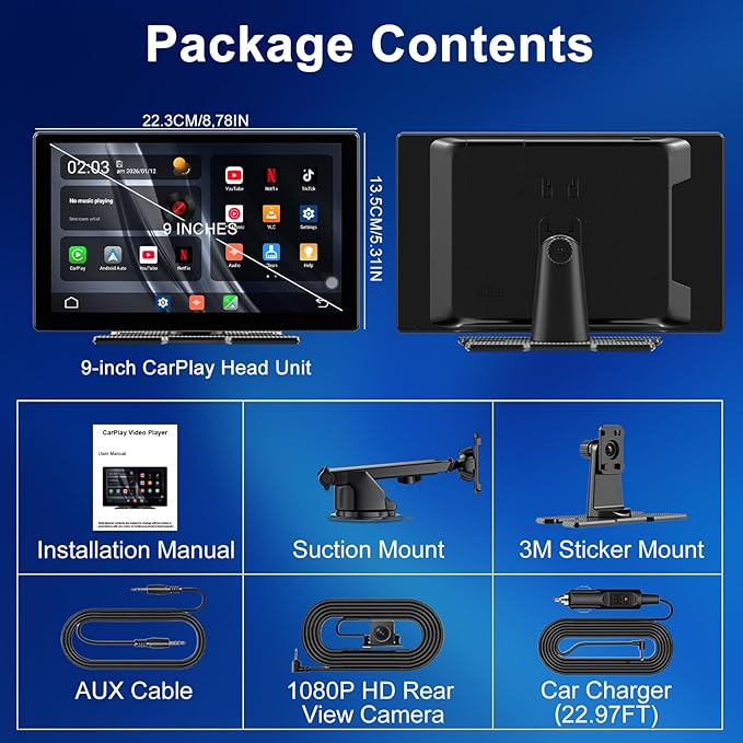 9" Upgraded Wireless Carplay Screen for Car, Built-in Apps Net-Flix YouTube Tiktok, Portable AI Magic Box for Apple Car Play & Android Auto Screen with HD Backup Camera, Voice Assistant, OTA Updates
