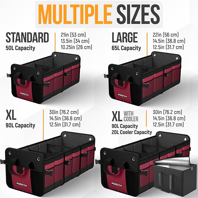 FORTEM Trunk Organizer For SUV Car Organizer and Storage, Multi-Compartment Storage Bag Car Accessories for Women Men, Perfect Christmas Gifts, 1680D Oxford, Non Slip Bottom, Straps, Soft Cover (90L)