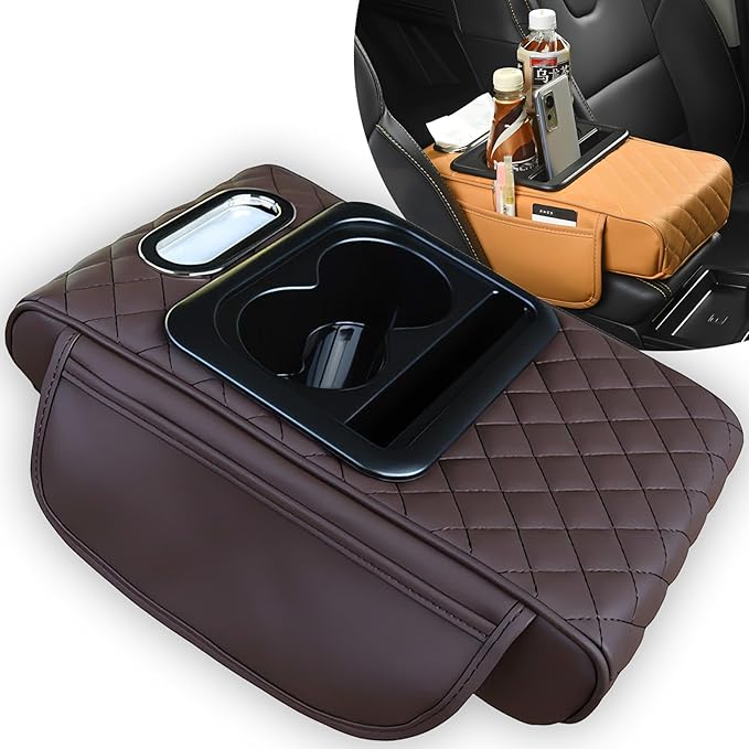 Multifunctional PU Leather Car Armrest Box Mat, 5-in-1 Multifunctional Car Armrest Cushion, Center Console Cover with 2 Cup Holder, For Storing Tissues, Phones, Wallets, Drinks, for Most Cars (Brown)