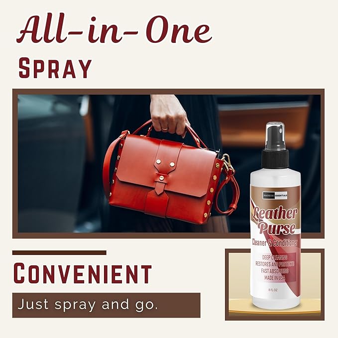 8oz Leather Purse Cleaner & Conditioner – 3-in-1 Spray for Handbags, Designer Bags & Luxury Purses – Deodorizes, Cleans, Conditions & Restores Leather – Safe on Finishes