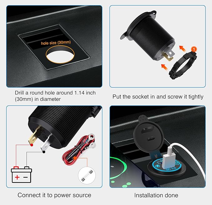 Nilight 2 Pack PD Type C and QC 3.0 USB Fast Outlet Panel with LED ON Off Touch Switch Fused Wire Kit for 12V 24V Cars Trucks RVs Motorcycles Buses Boats
