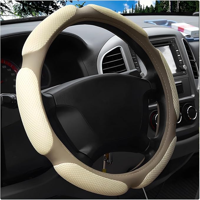 Car Steering Wheel Cover, 15" Breathable Ice Silk Auto Wheel Protector with Comfortable Grip, Anti-Slip Slip-on Steering Wheel Wrap Soft Hand Pad Cushion for Women Men (Beige)