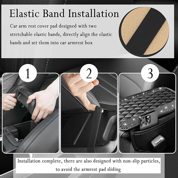 Car Center Console Cover with Diamond Grid Design,Bling Armrest Cover Cushion with 2 Storage Bags,Soft Leather Arm Rest Cover for Car Interior Accessories (Black + White)