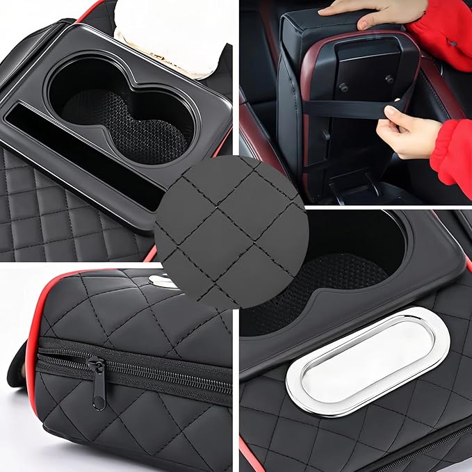 Multifunctional PU Leather Car Armrest Box Mat, 5-in-1 Multifunctional Car Armrest Cushion, Center Console Cover with 2 Cup Holder, For Storing Tissues, Phones, Wallets, Drinks, for Most Cars (Brown)