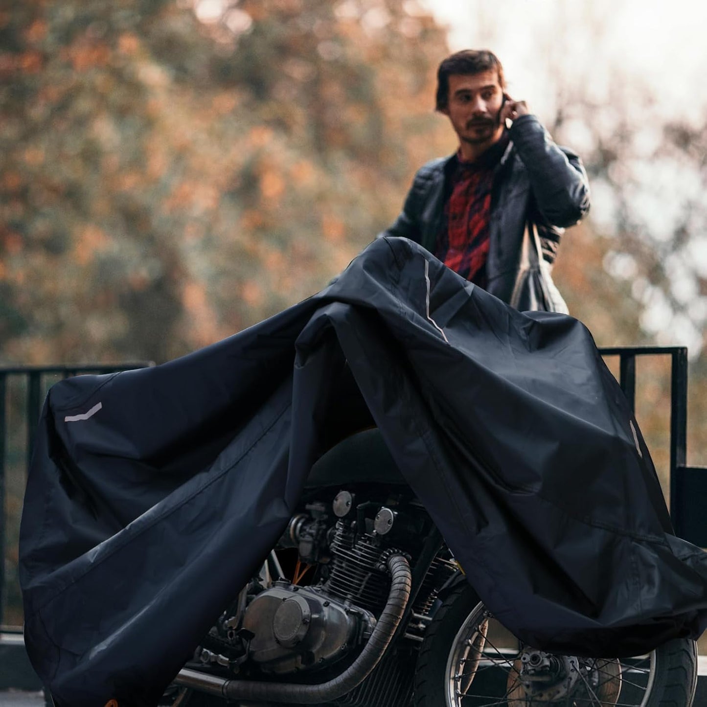 Waterproof Motorbike Cover Outdoor, Motorcycle Scooter Moped Rain Dust Cover with 5 Reflective Strips and 2 Windproof Buckles, 2 Lock-Holes for Cruisers Sportbikes (3XL: 104 x 35 x 49 inch)