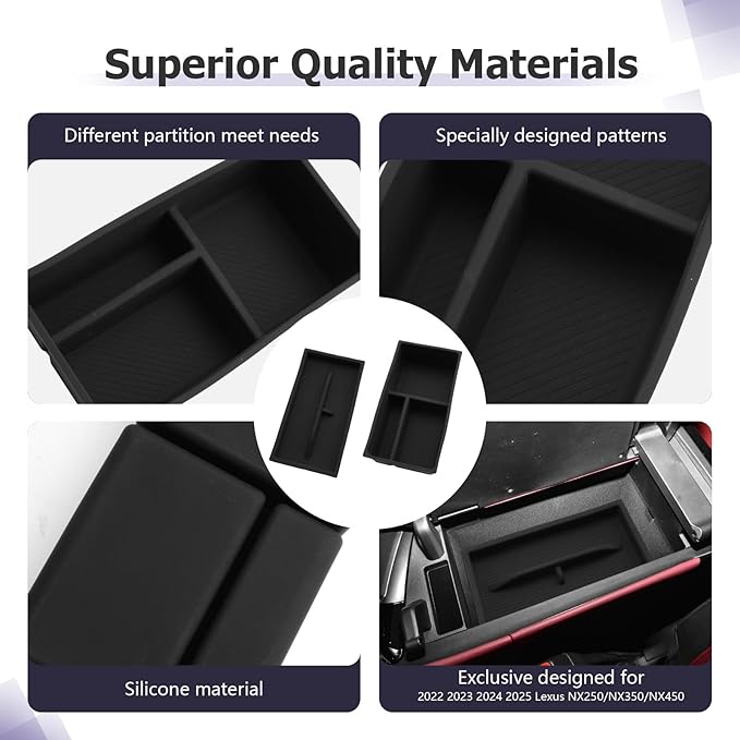 LUWU Lexus NX 2025 2026 Center Console Organizer for 2022 2023 2024 2025 2026 Lexus NX250/NX350/NX450 Accessories Armrest Console Storage Box Glove Organizer Tray Silicone Material 2-Pack (Black)