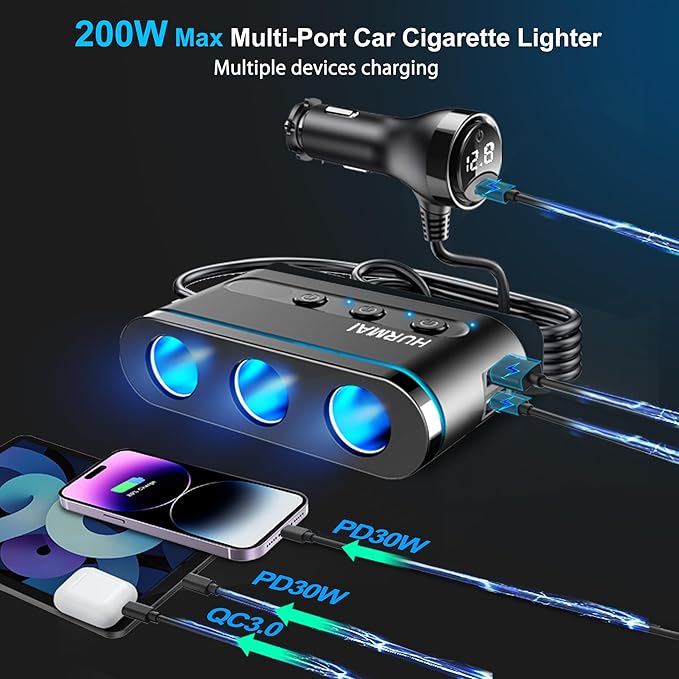 Cigarette Lighter Splitter,3 Socket Cars Cigarette Lighter Adapter,Heavy Duty Truck USB Chager Multi Port with PD30W/QC3.0 USB C 12/24V Car Plug Outlet with LED Voltage Display Independent Switches