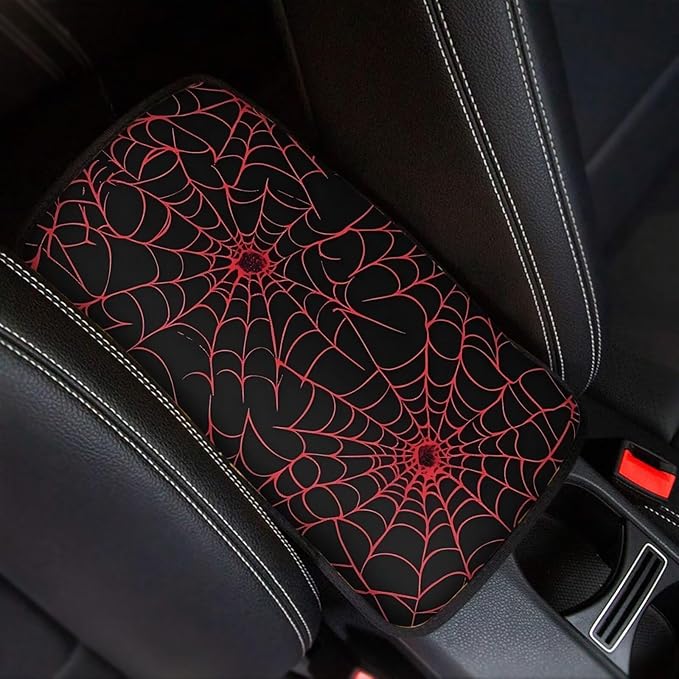 Dreaweet Red Spider Web Print Center Console Armrest Pad Cover Goth Car Accessories Interior Middle Console Cover Anti-Scratch Comfort Car Armrest Storage Box Mat
