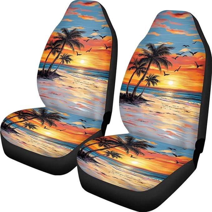 BIGCARJOB Hawaii Dusk Palm Car Seat Covers, Polyester, Universal Fit, Car, SUV, 2 Count, Front, Basic Protection, Customizable, Unique Printed