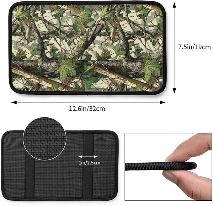 Anti-Scratch Car Center Console Cushion Pad Camo Camouflage Waterproof Armrest Seat Box Cover Protector Green Leaf Branch Comfortable Car Decor Accessories