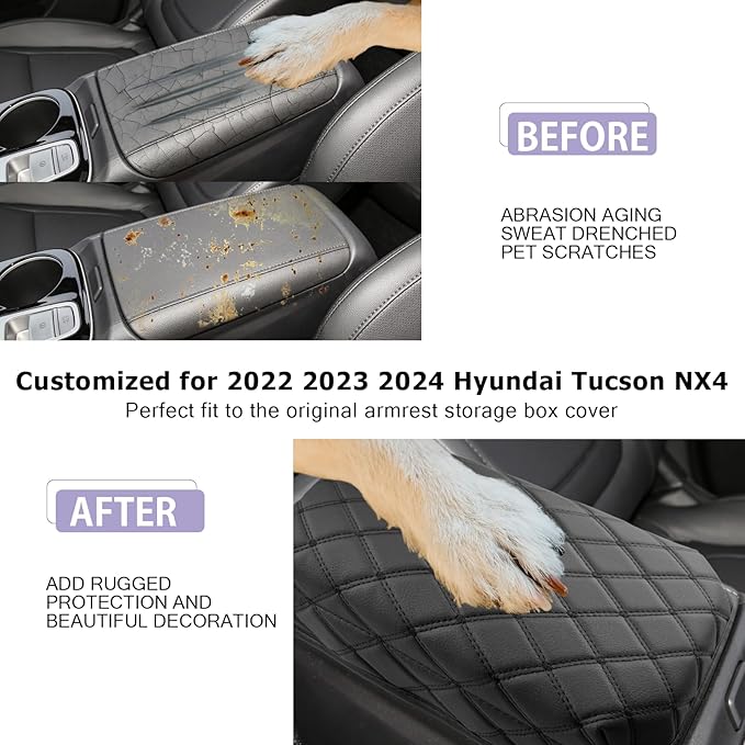 ZCLINKO 2026 Tucson Center Console Cover 2022-2026 Tucson Armrest Cover Tucson Center Console Armrest Pad Soft Leather 2025 Tucson SEL Armrest Console Cover 2026 2025 Tucson Accessories(Black)