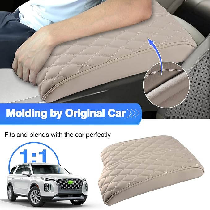 Autorder Center Console Cover for 2020-2025 Hyundai Palisade Accessories Armrest Cover Memory Foam Armrest Support Cushion Anti-Scratch Leather Protector Pad (Beige)