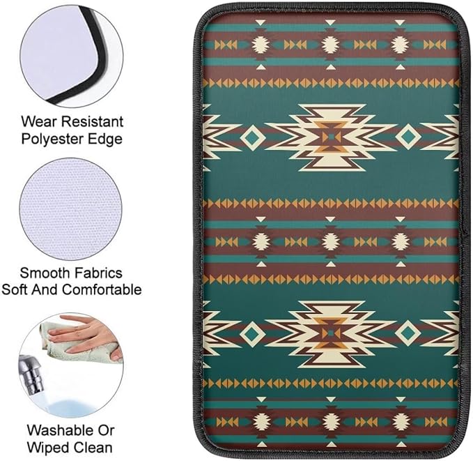 Dreaweet Aztec Car Center Console Cover Southwestern Native American Green Navajo Print Car Armrest Cover Pad Console Covers Universal Arm Rest Cover for Car SUV Truck