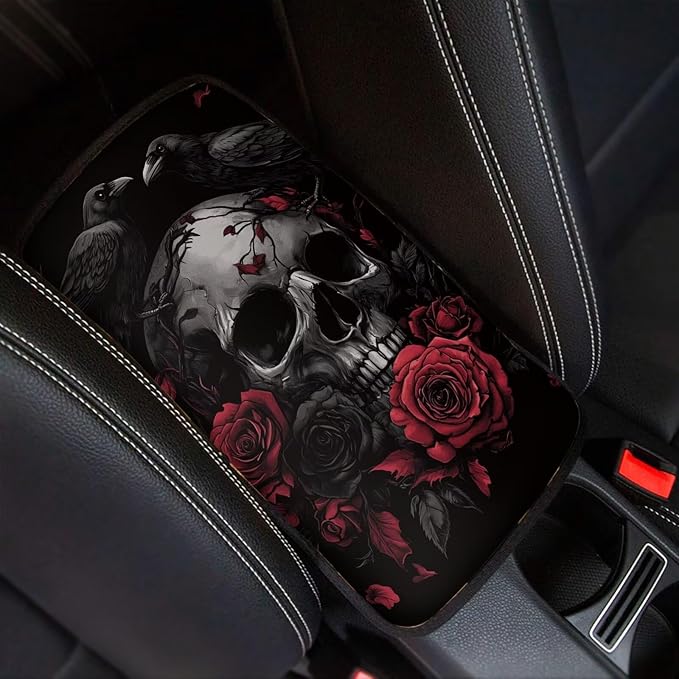 Dreaweet Red Rose Skull Arm Rest Cover for Car Women Goth Car Accessories Center Console Cushion Pad Anti Scratch Universal Armrest Cover for SUV Sedan