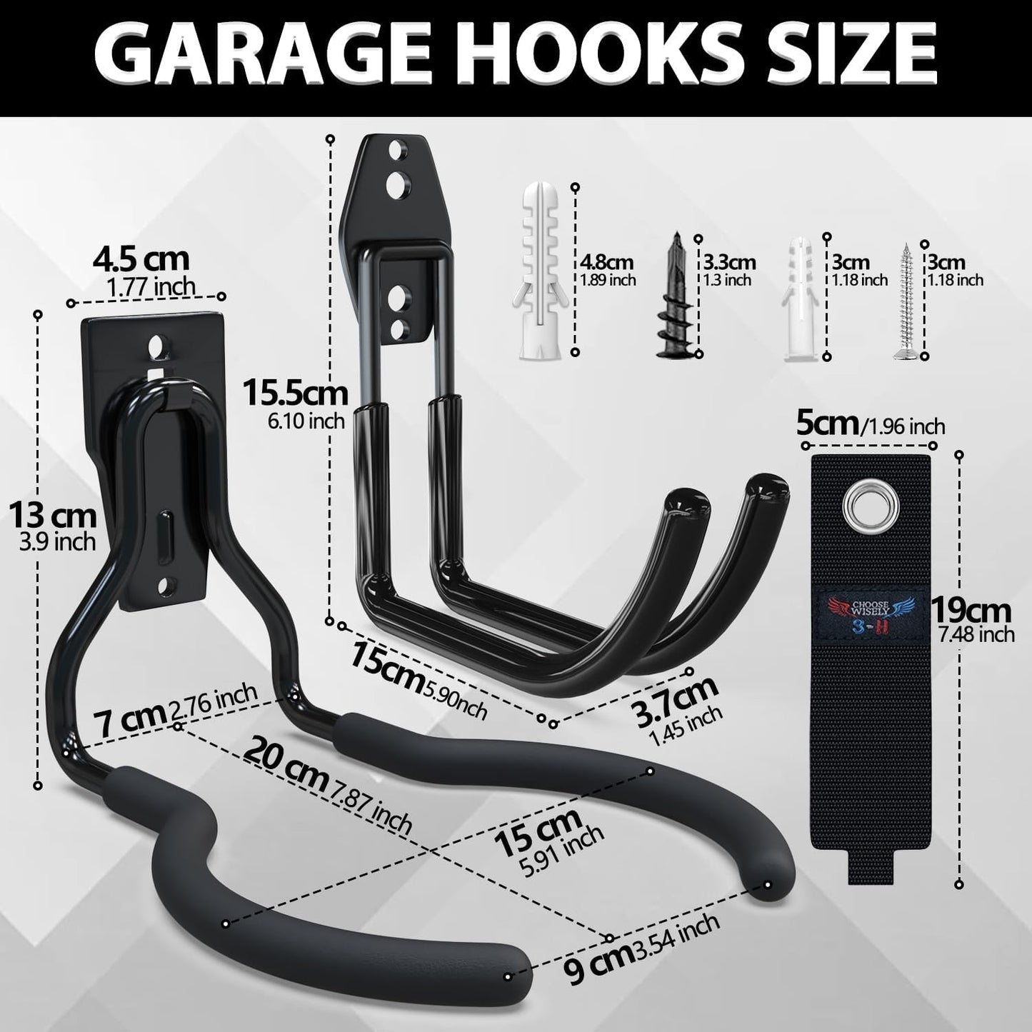 3-H Weed Eater Hanger 1 Pack,1 Large Garage Wall Hooks,1 Extension Strap,Utility Weedeater Rack,Tool Hangers for Organizing and Hanging Weed Wacker,Leaf Blower,String Trimmer,Power Tool in Garden