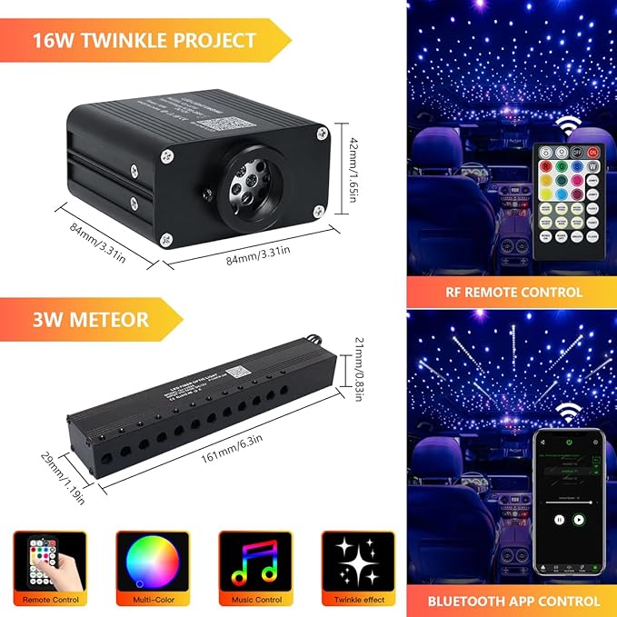 16W Car Home Starlight Headliner Kit, Twinkle & Sound Activate RGBW Fiber Optic Lights with APP & Remote Control, Shooting Star Lights for Ceiling Decoration, 600 pcs 9.8ft
