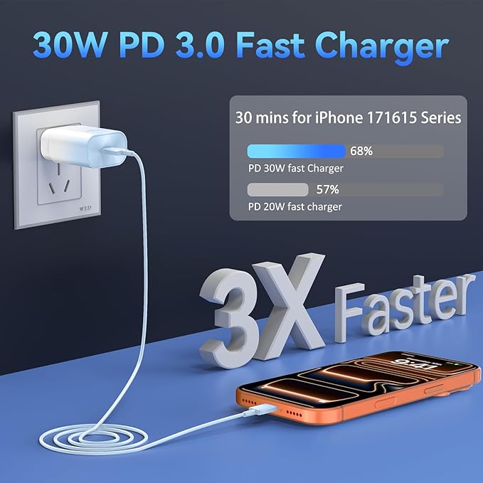 Phone 17 16 15 Charger Fast Charging,30W USB C Phone 17 16 15 Pro Max Charger Block&10FT Long Type C Cable Cord for i.Phone 17/Air/17 Pro/17 Pro Max/16/16 Pro/16 Pro Max/15/15 Pro Max,Blue Gradient