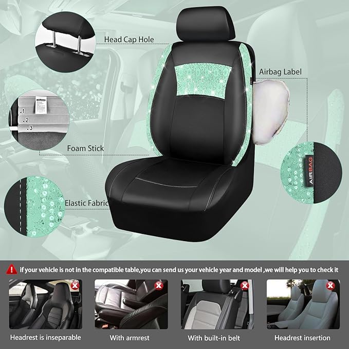 CAR PASS Universal Mint Leather Lace Car Seat Covers Full Set for Women Girls, Waterproof Car Floor Mats Carpet, Glitter Steering Wheel Cover for Car Accessories Interior Sets,10PCS Included
