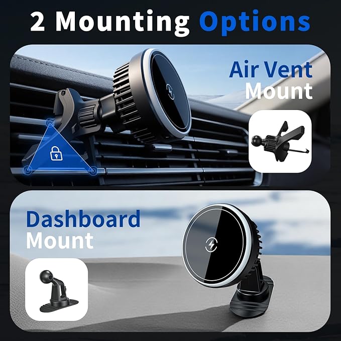 Magnetic Phone Holders for Your Car, Magsafe Cooling Car Mount Charger, Vent & Dashboard Cell Phone Mount, 15W Wireless Fast Charging for iPhone & Android, 360 Rotatable & Hands Free, Car Accessories