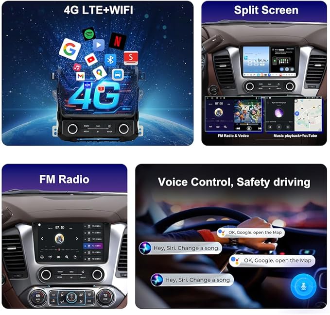 4G Network QLED Radio for GMC Yukon Chevrolet Chevy Tahoe Suburban 2015 2016 2017 2018 2019 Non-Bose Upgrade,8-Core Touch Screen Stereo,Wireless CarPlay & Android Auto