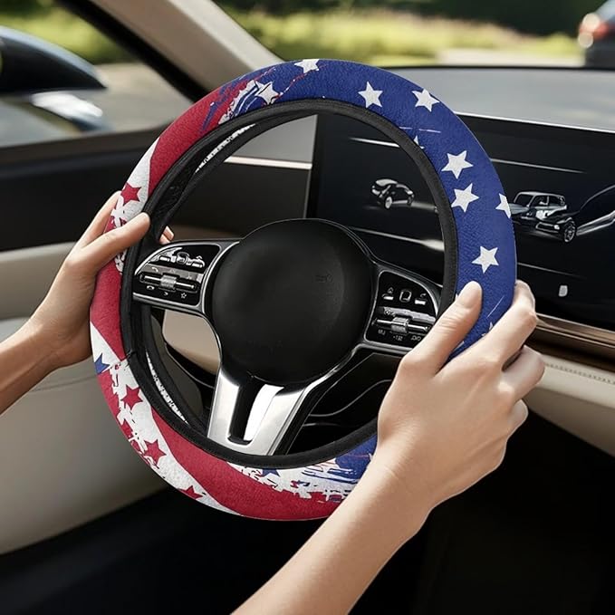 AFPANQZ Elastic Steering Wheel Cover, USA Print Non-Slip Steering Wheel Protective Covers for Women Men Car Accessories Universal 15 Inch Fit Auto, Suvs, Truck