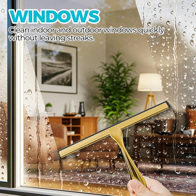 ALFLOD 2PACK All-Purpose Shower Squeegee for Shower Doors, Bath Linen Sets, Tile Shower Walls, Bathroom, Window, Glass and Car Windshield, Mirrors and Kitchen-Stainless Steel, 11.8-Inch Golden