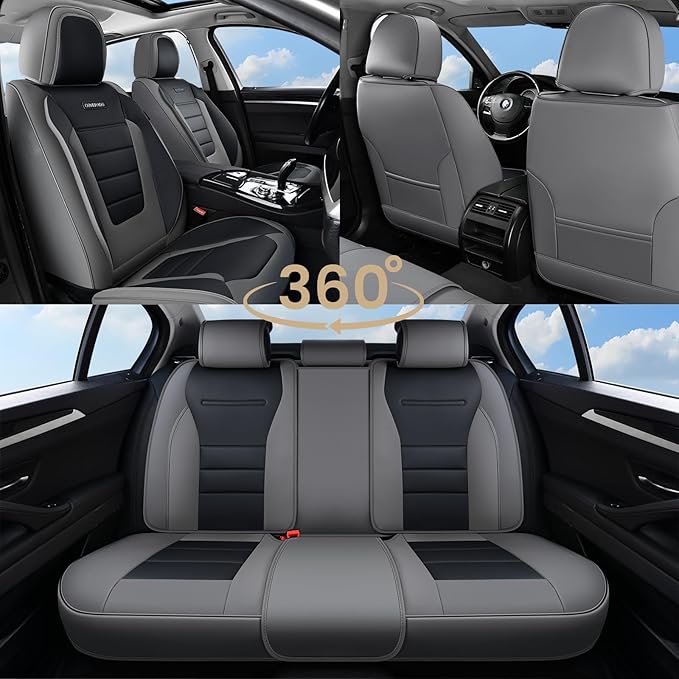 Coverado Car Seat Covers Full Set, Nappa Leather Seat Covers for Cars, Car Seat Protector Car Seat Cushion, Front and Back Seat Protectors Cushions Universal Fit for Most Cars Vehicles(Gray&Black)
