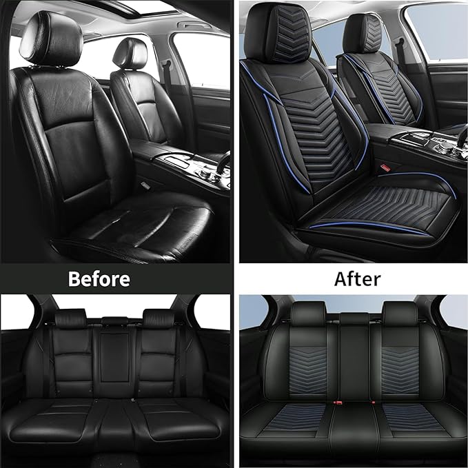 Car Seat Covers, Breathable and Waterproof Faux Leather Automotive Seat Covers, Universal Anti-Slip Driver Seat Cover for Cars SUV Pick-up Truck Sedan(5 PCS Full Set, Black + Blue)