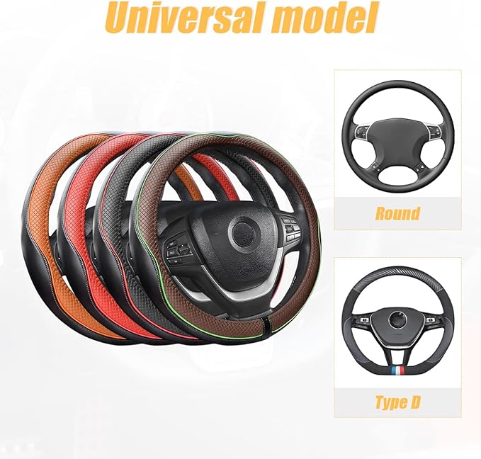 Leather Steering Wheel Cover, Soft Breathable Anti Slip, Universal Fit 15 Inch Car, Truck, SUV (Black/Orange)