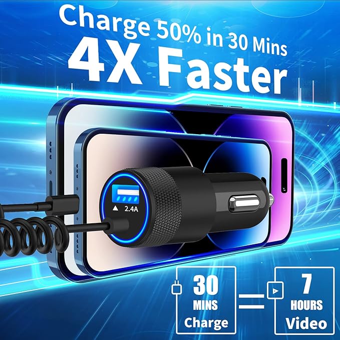 【MFi Certified】iPhone Car Charger Fast Charging, Caiinei 4.8A USB Car Charger Fast Charging Cigarette Lighter Adapter with 6FT Coiled Lightning Cable for iPhone 14 13 12 11 Pro XS Max Mini XR X 8 iPad