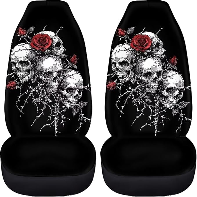 Halloween Skull Rose Car Seat Covers 2 Pcs Universal Front Car Seats Breathable Stretch Polyester Fabric Cover Easy Installation Suitable for Cars, SUV and Trucks
