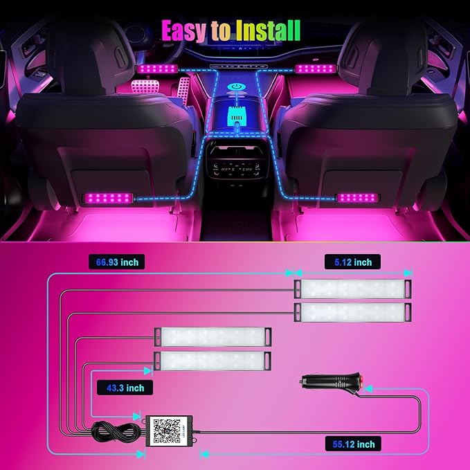 Yilaie Car LED Lights Interior, RGB Under Dash Lighting Multicolor with App Control, Music Sync and DIY Mode, Car Decorations Interior for Ambient Lighting with Charger Dc 12V
