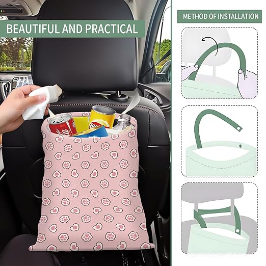 Cute Car Trash Can, Hanging Canvas Car Back Seat Organizer and Storage Bag, Funny Car Trash Bag For Travelling, Outdoor Cute Pink Heart Paw