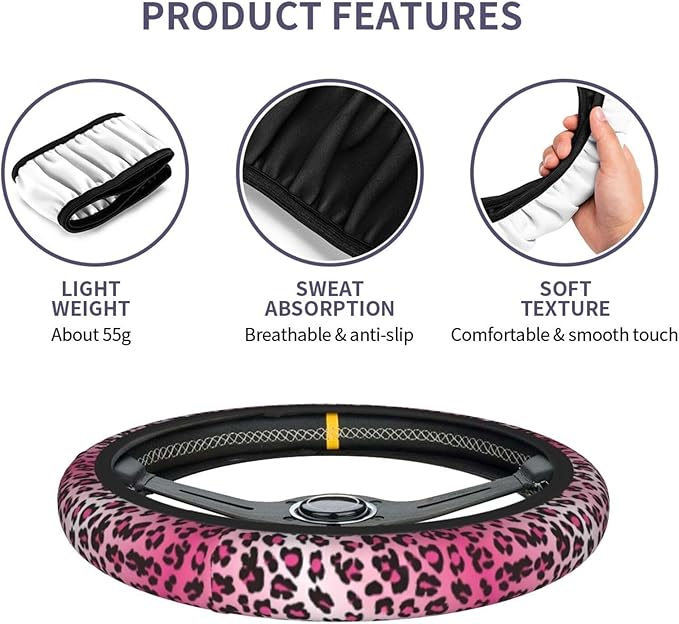 Pink Leopard Print Steering Wheel Cover Cheetah Animal Steering Wheel Cover Anti-Slip Breathable Universal for 15 Inch Car with 2 Pieces Car Coasters Suitable for Men Women