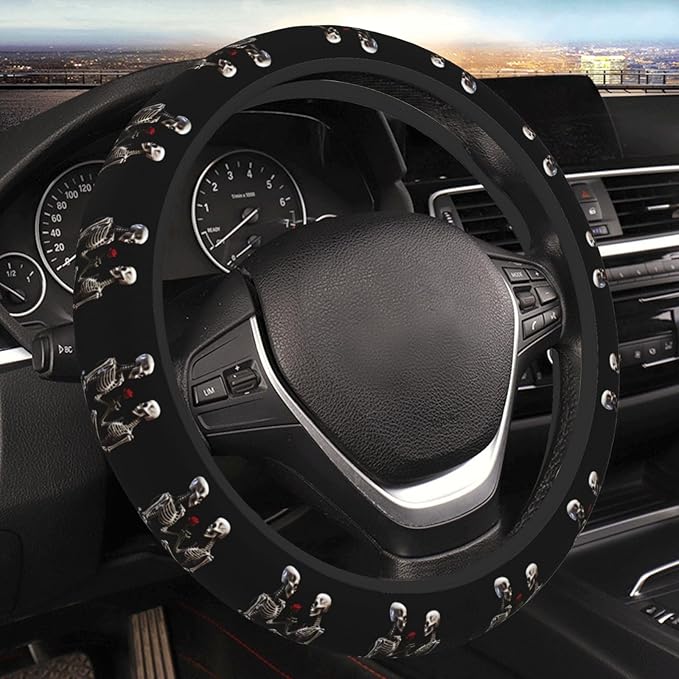 Skull Skeleton Red Rose Love Steering Wheel Cover Men, Comfortable Elastic Steering Car Wheel Cover Fit 15 inches Universal Accessories Suvs Trucks Decor