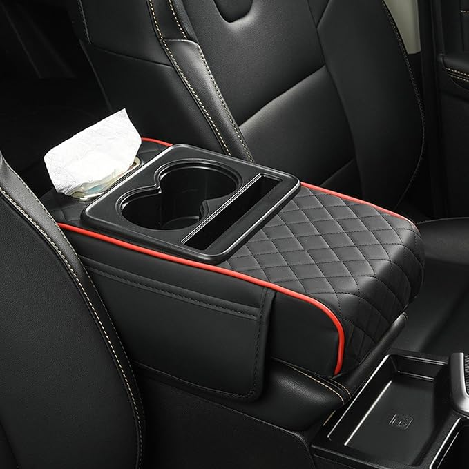 Car Armrest Cushion, 5-in-1 Center Console Cover with 2 Storage Bags Cup Holder, Cup Holder Tissue Slot Phone Slot for Car, Universal Car Armrest Box Cover Protection Pad for Most Vehicles (E)