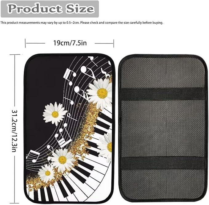 Coldinair Music Notes Car Armrest Cover,Piano Keys Auto Center Console Pad,Soft Seat Box Cover Protector Cushion,Daisy Car Accessories Decor for Most Cars,Sedan,Truck,SUV