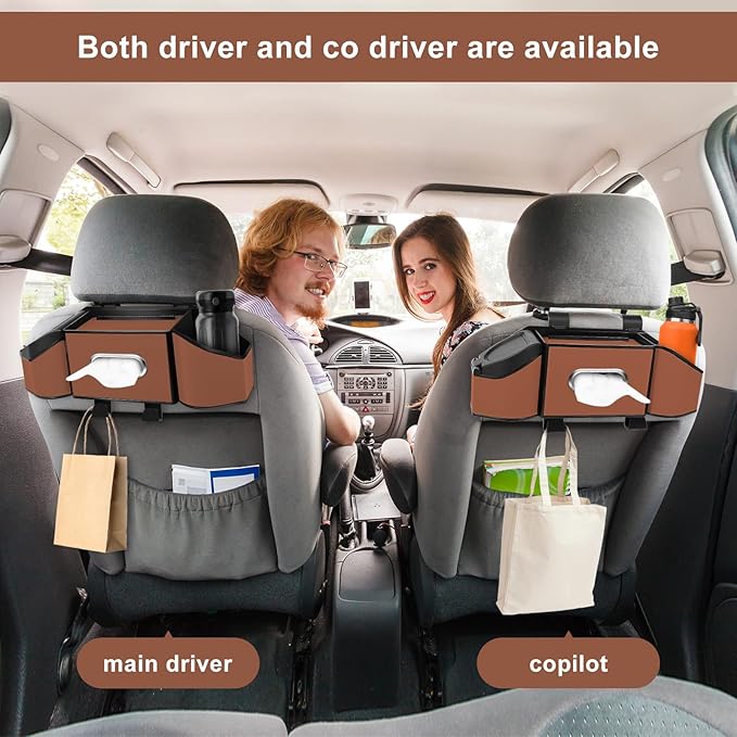 7-In-1 Car Seat Back Organizer with Cup Holders, Tissue Box, Garbage Can&Hooks, Multifunctional Headrest Storage Organizer, Headrest Cup Holder for Backseat, Car Accessories for Trips, Travels(Brown)