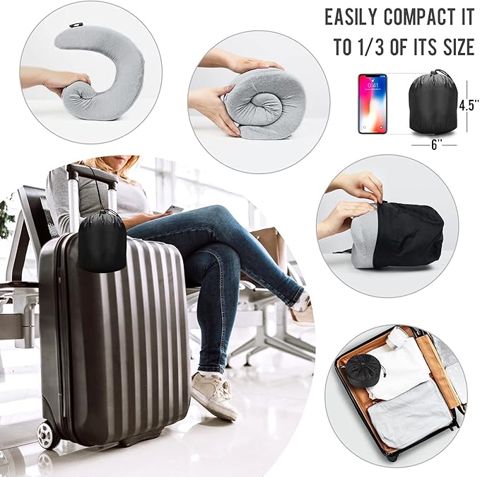 Travel Pillow for Airplane Memory Foam - Neck Support Travel Pillows for Sleeping, Traveling, Car, Home - Adult Flight Pillow Kit with Sleep Mask, Earplugs, Breathable Cover Machine Washable, Gray