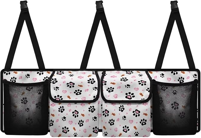 Cat Paw Prints Car Trunk Organizer Bag, Foldable Car Back Seat Storage Bag with 4 Pockets Car Interior Accessories for SUV MPV Sedans Pickup Jeep Trucks