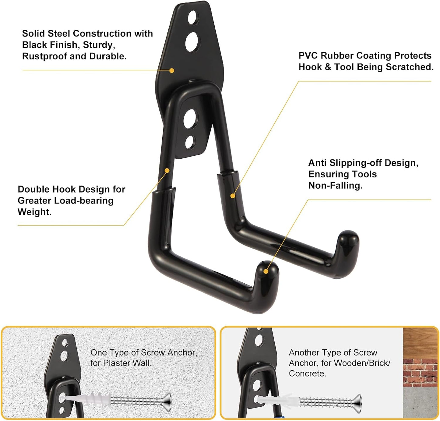 Garage Hook Heavy Duty Wall Storage Hangers, 16 Pack Garage Storage Hooks Steel Tool Organizer Black for Ladders, Ropes, Garden Tools