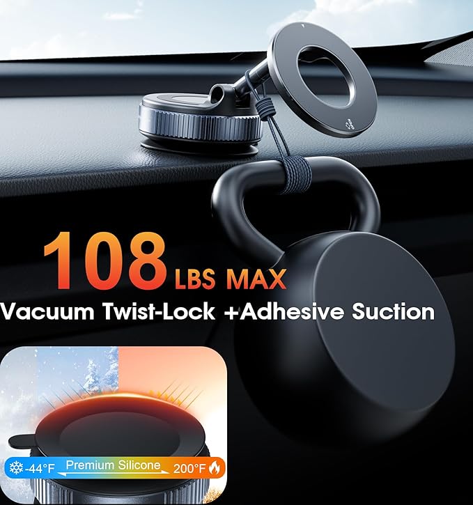 REOKILY 2026 Upgraded Suction Cup Phone Mount Nano Gel 360° Vacuum Magnetic Car Phone Holders for Your Car 110LBS Reinforced Mount for MagSafe Gym/Mirror for iPhone & Android