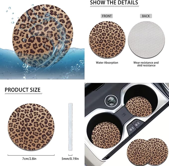 Leopard Print Car Steering Wheel Cover 6pcs Brown Cute Car Accessories Handbrake Cover Cup Coaster Suit for Most Cars Truck Vans SUV