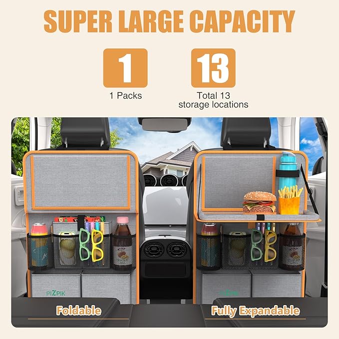 Plzpik Car Backseat Organizer with Tablet Holder,11 Storage Pockets with Foldable Food Tray, Protector Kick Mats for Kids, Travel Accessories Organizer (Orange, 1Pack with Food Tray)