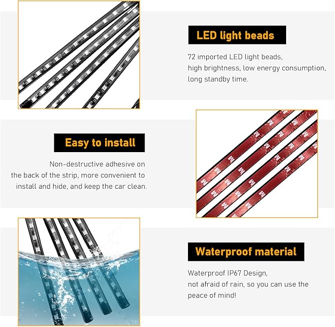 Car Led Interior Lights, RGB 72 LED Multicolor Auto Strip Light with Sound Active Function and APP Control, Under Dash Smart Lighting Kit with Charger, Car Accessories (USB)