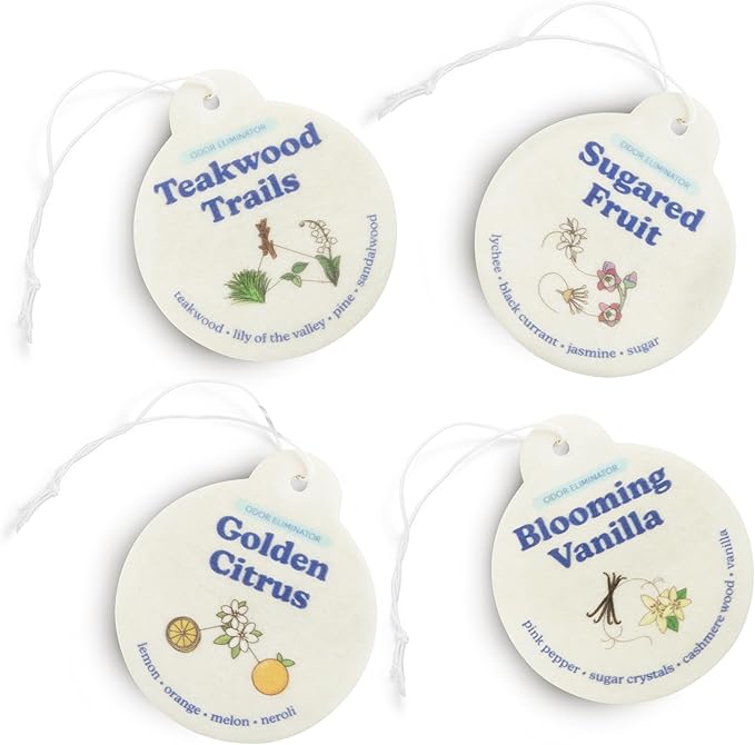 Happy Wax Odor Eliminating Car Charms 4-Pack - Includes: Blooming Vanilla, Golden Citrus, Sugared Fruit, Teakwood Trails
