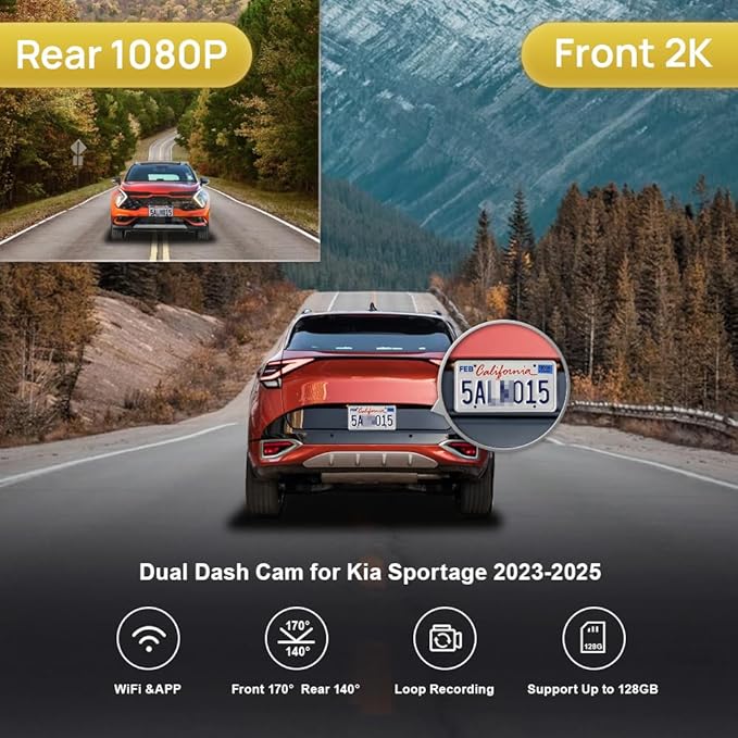 Fitcamx Front 2K+Rear 1080P Dash Cam Adapts for Kia Sportage 2023 2024 2025 (Part No#DW010/P1020/R2010), OEM Look, Dual HD Video, WiFi & APP, Loop Recording, G-Sensor, Easy to Set, 64GB Card