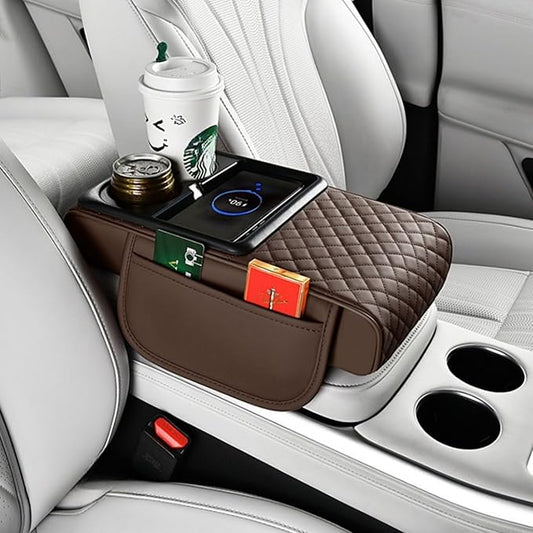 Car Armrest Pad with Built-in Induction Charging, Leather Center Console Cushion with 15W Power Pad, Dual Cup Holders, Storage Pockets - Coffee