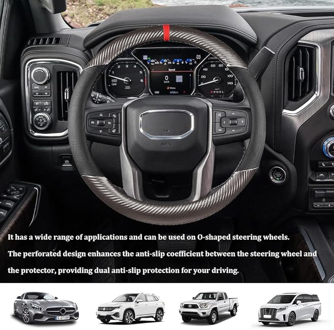 Car Steering Wheel Cover, Steering Wheel Accessories, 15 Inch Microfiber Leather Carbon Fiber Soft Anti-Slip Breathable, Car Accessories Elastic Non-Slip Cover for Most Vehicles (Black Gray)