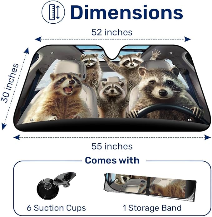 GENANY Raccoon Family Windshield Sun Shade for Car SUV Truck (55x30 Inches), Sun Shade Windshield, Shades for Front Windows, Protector Blocks UV, Xmas Auto Gift, Spring Car Decor